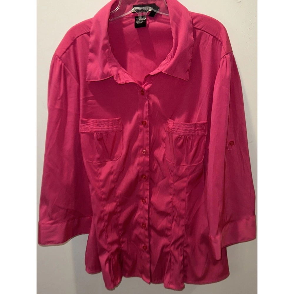 Cotton Express Button-up Shirt Women Hot Pink Size 2x Tab Sleeve Shirred Back